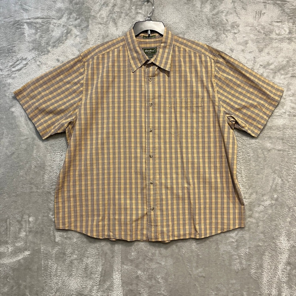 Eddie Bauer Button Up Shirt Mens XXL Tan Plaid Short Sleeve Cotton Poplin 2287